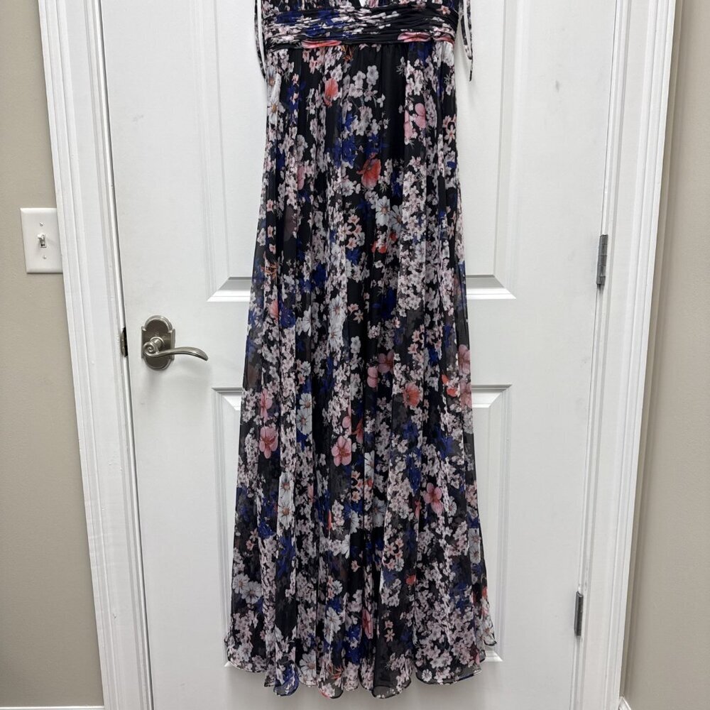 NWT Mac Duggal Size 4 Black Floral Tie Shoulder Chiffon V-Neck Maxi Dress Gown - Picture 6 of 11